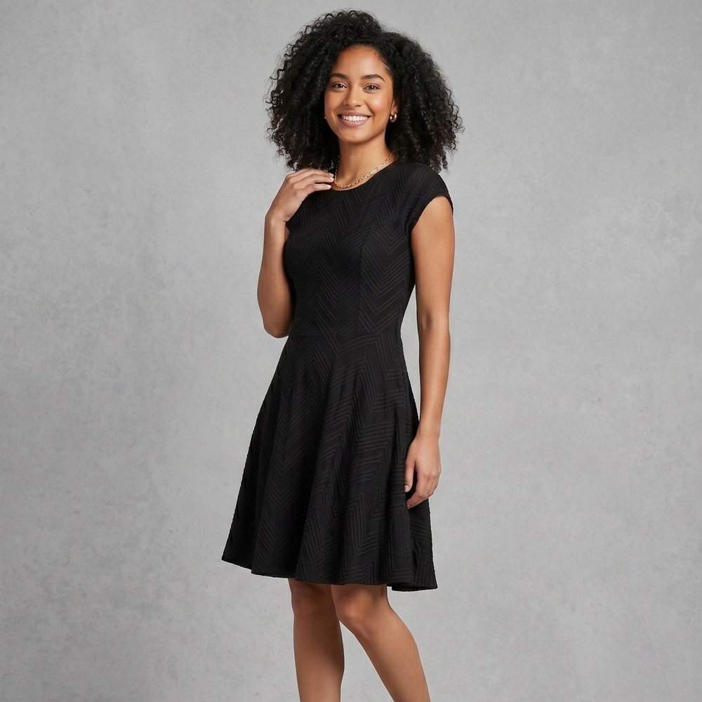 Candie's Black Textured Chevron A-Line Party Dress Small Fit & Flare Cap Sleeve